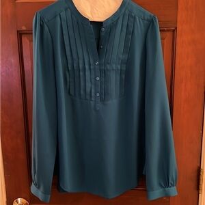 BP Blue Pleated Buttoned Blouse with Mandarin Collar